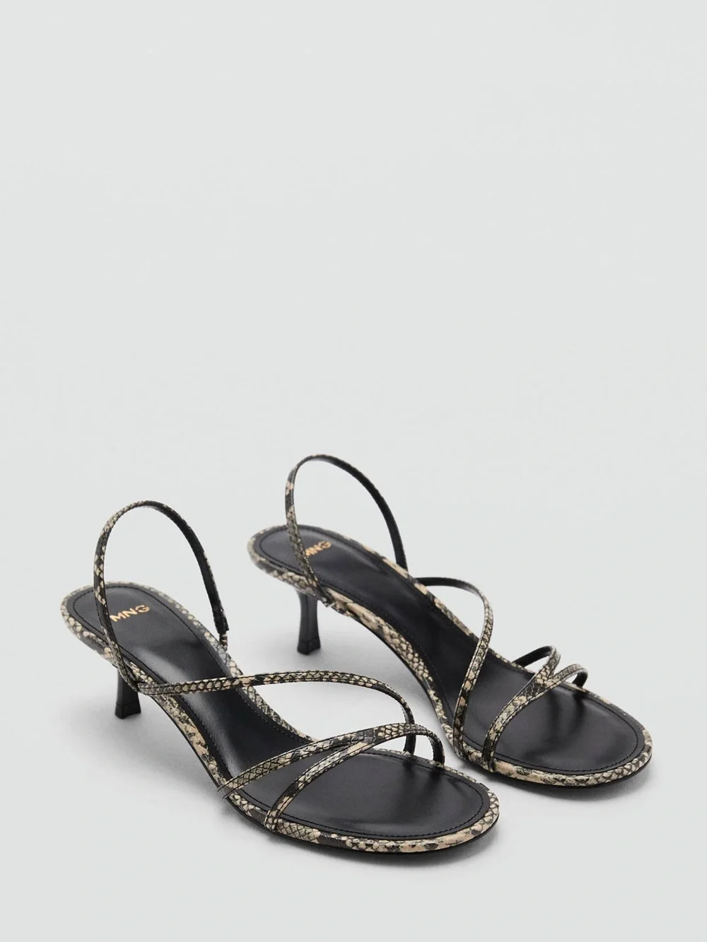 Mango Black Snake-Print Strappy Heeled Sandals